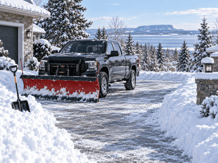 A snowplow truck and snow clearing equipment