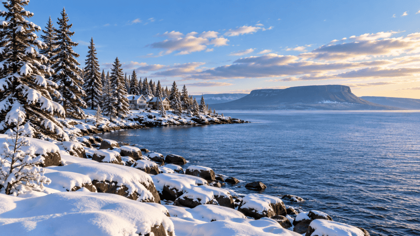 Illustration of a snow-covered lakeshore with evergreen trees